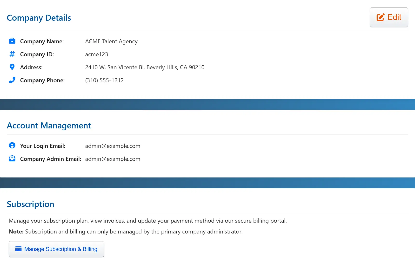 Account settings page