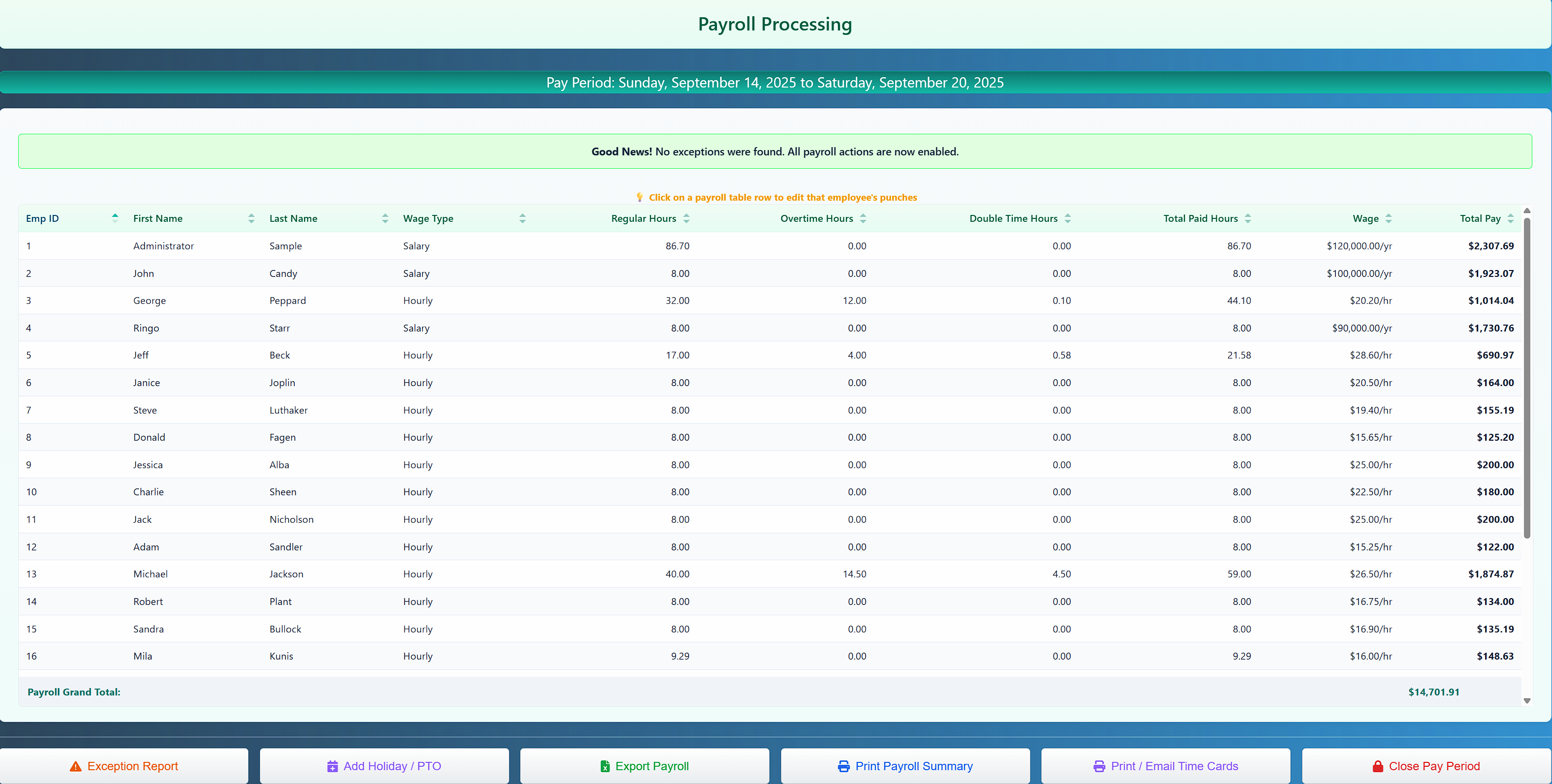 Payroll processing main page